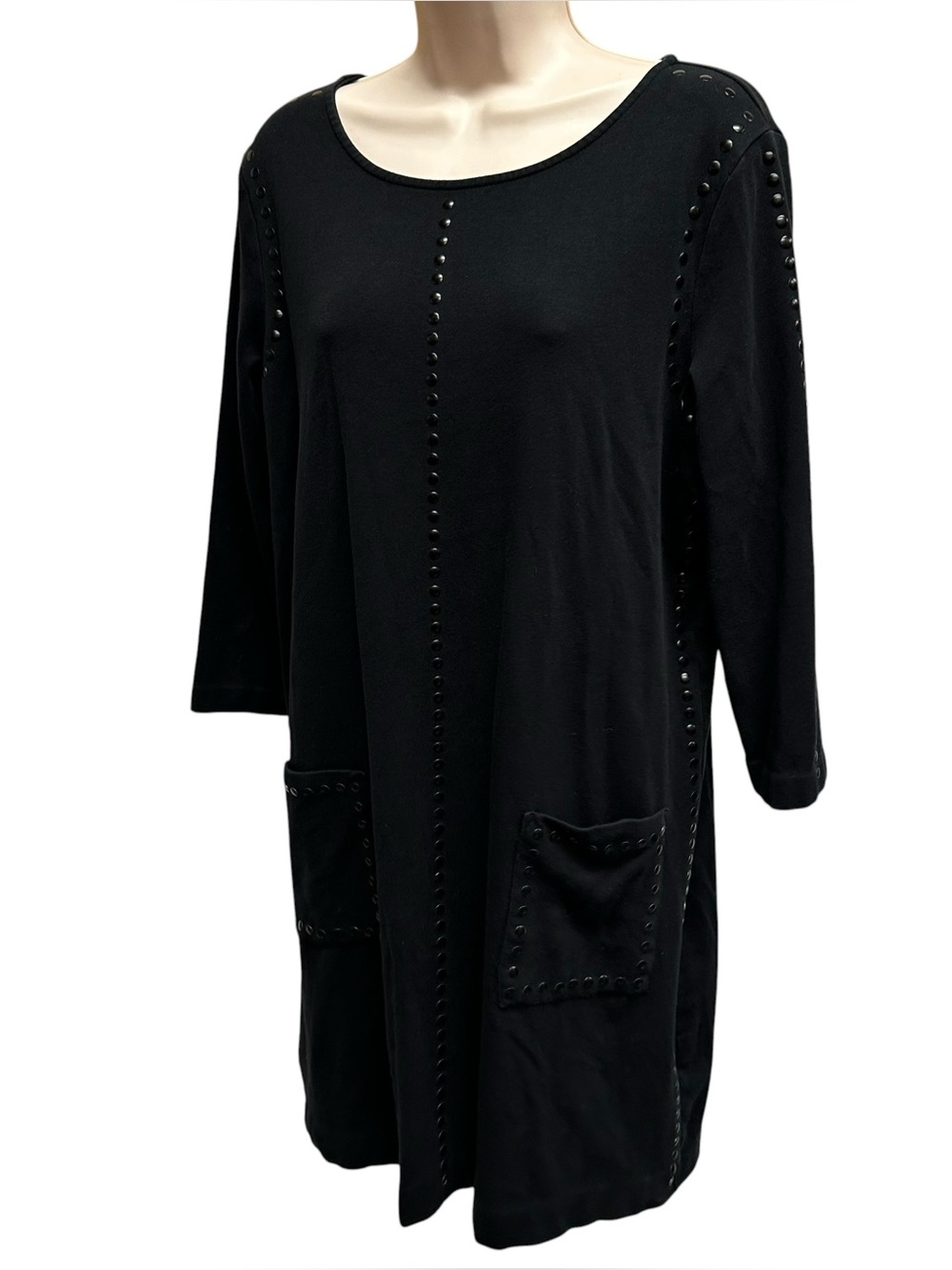 Joan Vass 3/4th Sleeve Cotton Dress w/ Pockets & Studded Trim black 3p (16)
